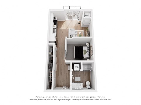 Floor plan for 1 bed, 1 bath, 590 sqft